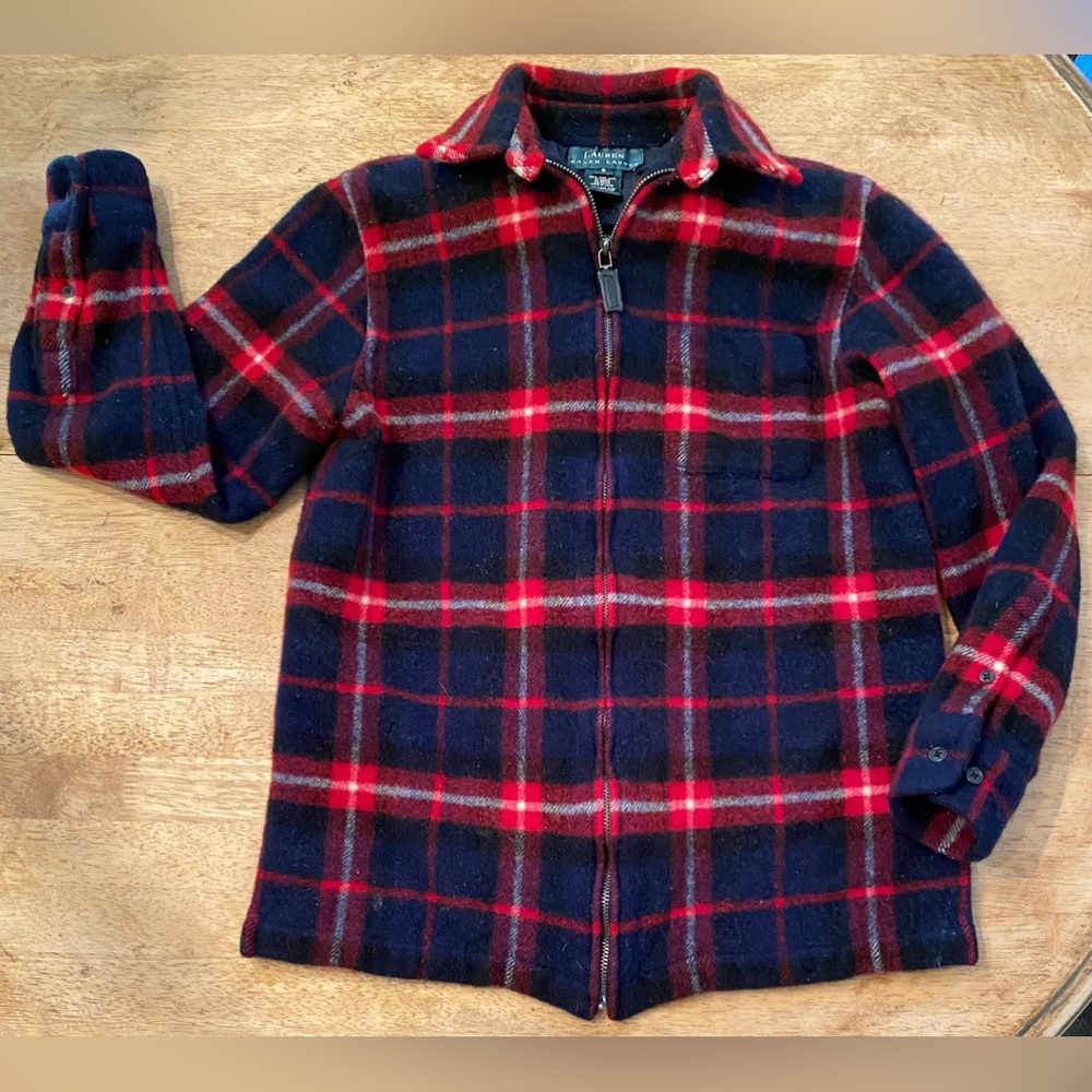 Lauren by Ralph Lauren Women’s Sz Small 100% Wool Navy/Red Plaid Full Zip Jacket